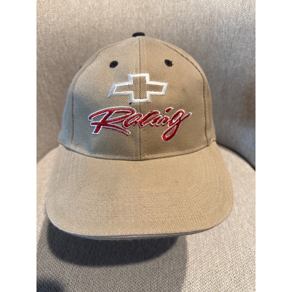 VTG Chevrolet Racing Hat Tan Embroidered Chevy Bowtie Car Logo Cap Adjustable